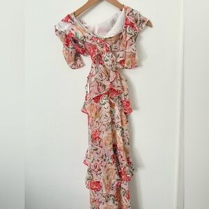 Wayf Asymmetrical Floral Dress in Pink and Red